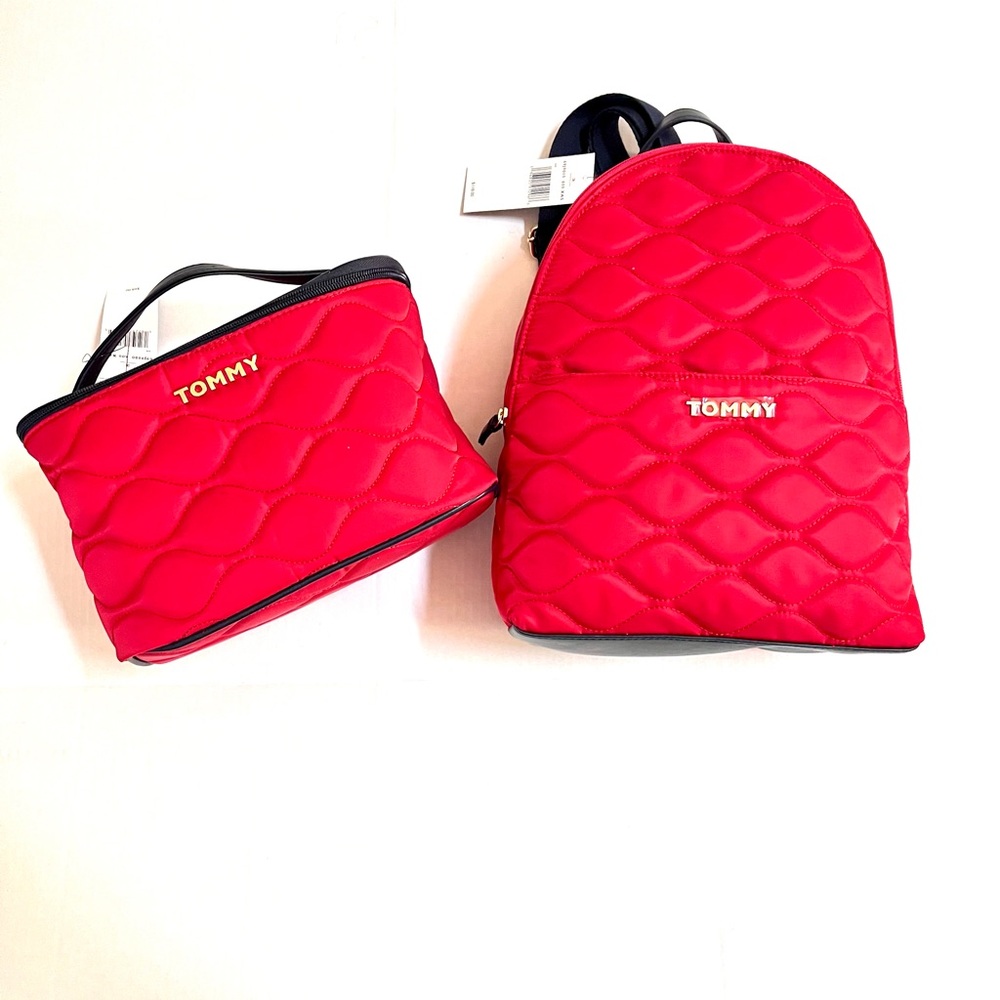 TOMMY Hilfiger Red Quilted Backpack & Cosmetic Pouch Travel Set American Summer